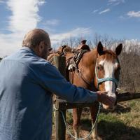 Howard Galbreath, seen from behind, feeds one of his horses, which is wearing a saddle.