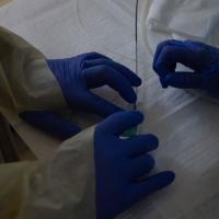 Medical equipment being prepared during a BLVR procedure by two people