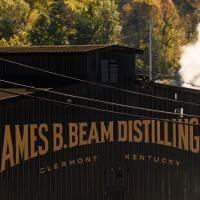 Another photo of the distillery. This building has metal walls that read “James B. Beam Distilling Co.” on the side.