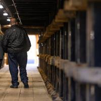 A photo of Fred and DeeAnn walking through the barrel aging warehouse. Their backs are turned to the camera.