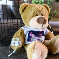Henley’s teddy bear Donnie, a brown stuffed bear wearing a white shirt with a picture of Henley and her grandfather printed on it. Donnie has an IV connected to one of his arms.