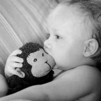 A black and white baby photo of Ezra with the original Stinky Monkey.