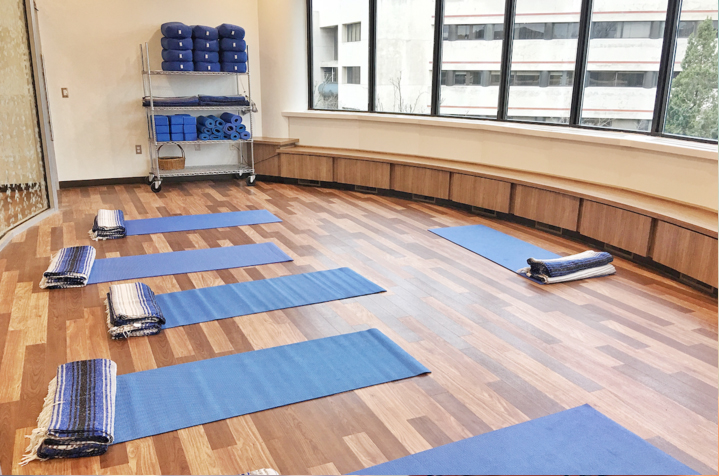 A yoga classroom with yoga mats on the floor.