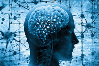 Conceptual illustration of the brain and neural connections stylized with a blue color palette