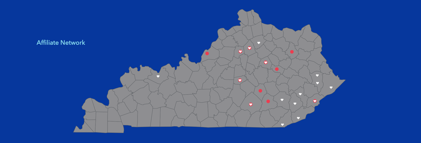 A map of Kentucky showing locations of Gill Affiliate Network members.